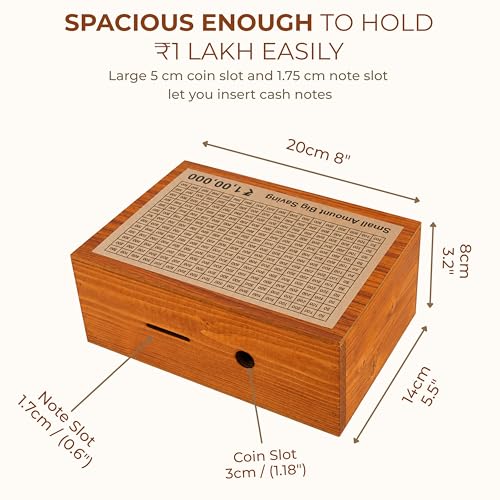 Image of Unbreakable Wooden Money Saving Box for Adults - 1 Lakh Capacity | Reusable Piggy Bank | Money Bank with Amount 100000 | One Lakh Gullak, Kidddy Bank for Kids, Men, Women, Girls, Boys | 1 Yr Warranty