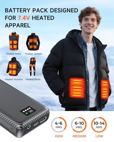 Heated Vest Battery Pack, 7.4V 30000mAh Portable Charger with DC and USB Output Ports for Heated Jacket,Coat,Pants and Heating Clothing for Men2