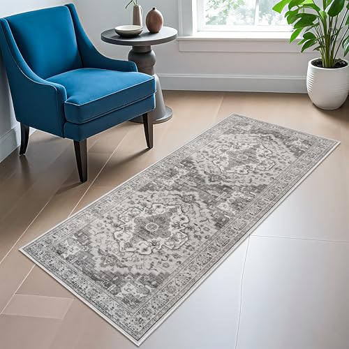Living Room 2x5 Runner Rug - Boho Rugs for Living Room Stain Resistant Carpet Vintage Tribal Rugs for Bedroom Kitchen Bathroom with Non Slip Backing Home Decor Floor Decoration Mat 2x5 Grey/White