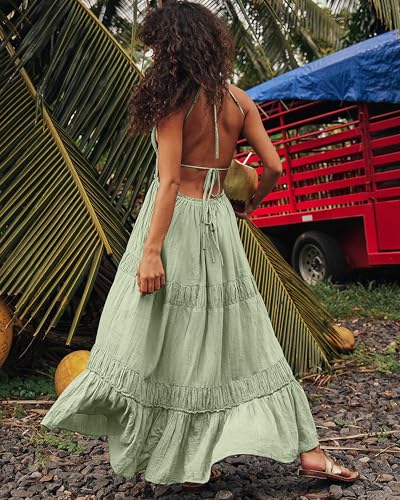 Image of VIUTIL Flowy Maxi Dress for Women Summer Cotton Backless Beach Long Dress with Pockets 2026