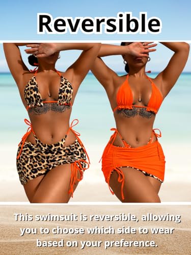 Image of ShawGobow Womens 3 Piece Leopard Bikini Set,Triangle String High Cut Thong Sexy Swimsuit & Coverup Skirt,Pool Party Outfit