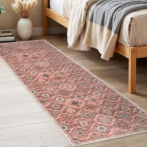 KILOCOCO 2x6 Runner Rug, Moroccan Super Soft Washable Hallway Entryway Runner Rug, Accent Print Faux Wool Kitchen Runner Rug 6 Feet Non-Slip Boho Rug Runner for Bedroom, Beige Terracotta