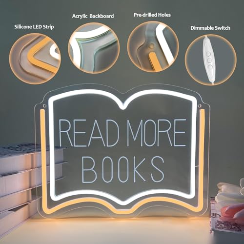 Image of Read More Books Neon Sign, Dimmable LED Reading Neon Light USB Powered for Library Classroom Bookstore Decor, Reading Room Wall Sign for Study Room Bookshelf, Book Lover Gift (Warm White)