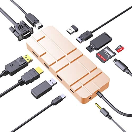 Laptop Docking Station, USB C PD Charging Hub, 13-in-1 C Hub with Ethernet, HDMI, DP, VGA, 4 Port-USB 3.0, Micro/SD/TF Memory Card Readers for MacBook Pro, Galaxy Note S9/Plus - GD5 Gold - 3