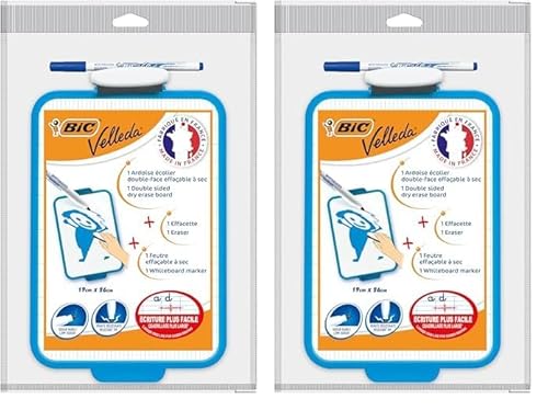 BIC Velleda Pizarra Blanca Pequeña de Borrado en Seco de Doble Cara con Rotulador Azul y Borrador, 19x26cm, Óptimo para material escolar (Paquete de 2) BIC Velleda Pizarra Blanca Pequeña de Borrado en Seco de Doble Cara con Rotulador Azul y Borrador, 19x26cm, Óptimo para material escolar (Paquete de 2)