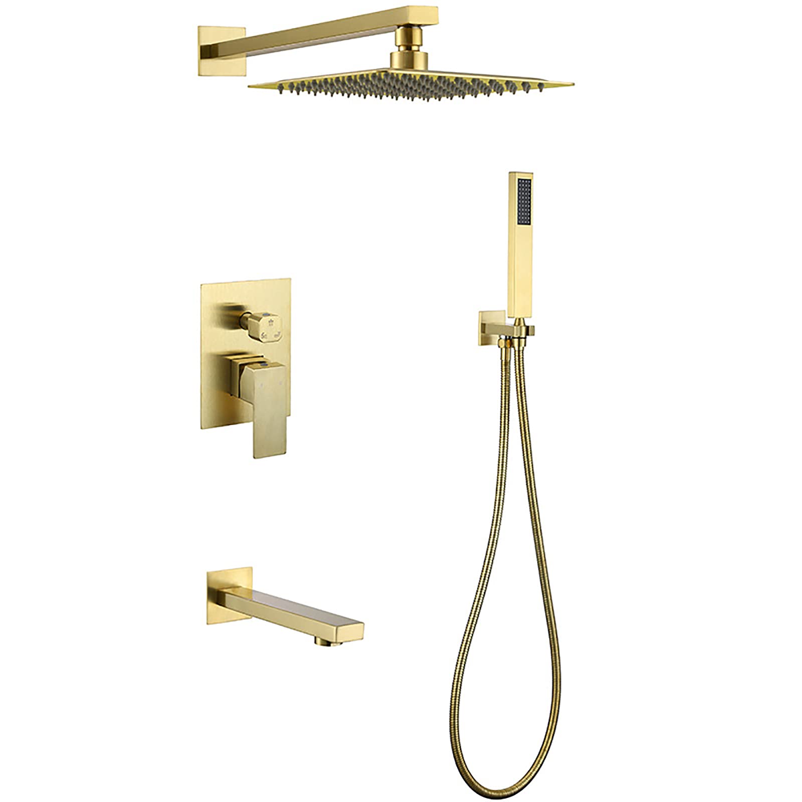 WOTZOV Brushed Gold Shower System With Tub Spout 8" Square Rainfall Head With Handheld Combo Set, Wall Mounted Faucet Complete
