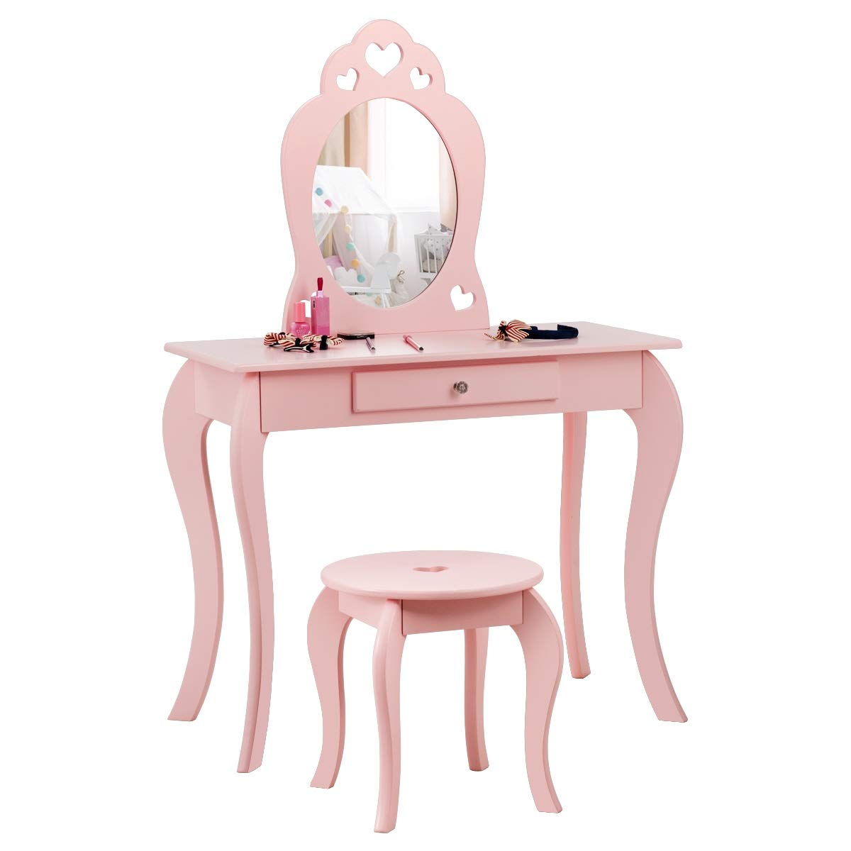 COSTWAY Kinder Schminktisch mit Hocker und Abnehmbarer Spiegel, Mädchen Frisiertisch Holz, Kindertisch mit Schublade, Spiegeltisch 70x34x105cm (Pink)