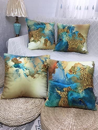 Jasfura Set Of 4 Teal Gold Throw Pillow Covers Double Side Print Soft Velvet 20X20 Inch Decorative Couch Pillow Cases Square Cushion Covers For Living Room, Bed, Sofa And Car (20X20Inch) #TOP5