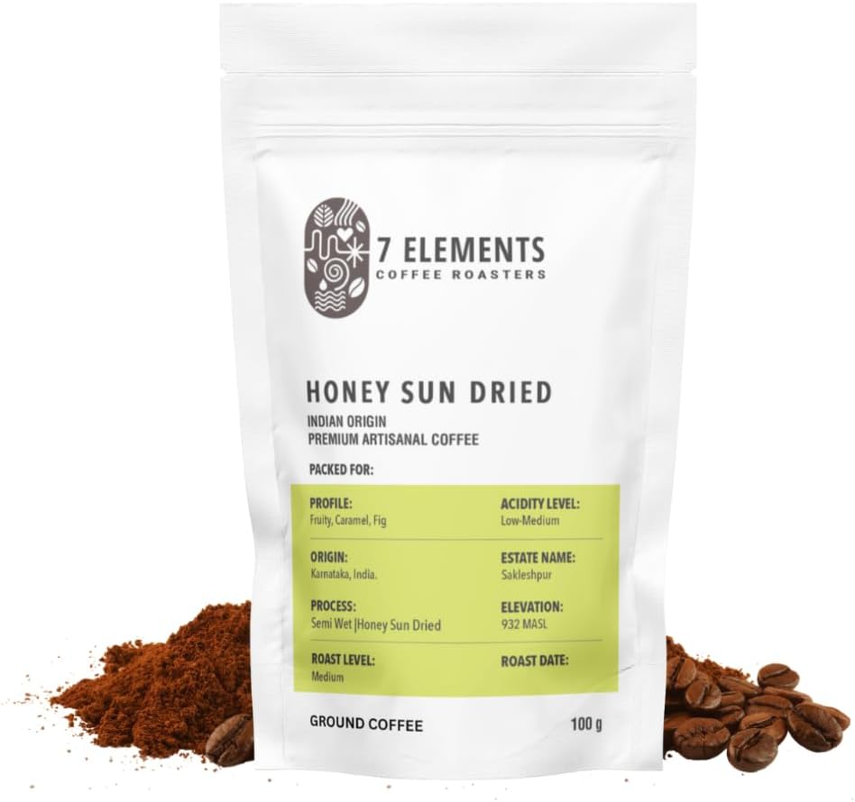 7 Elements Coffee Roasters Honey Sun Dried Ground Coffee - 100 g (Pack of 1) | Medium Roast (Turkish Grind) | 100% Arabica Freshly Roasted Coffee Grounds | AA Grade | Rich Flavorful Coffee