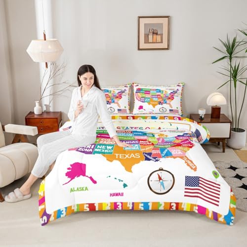 Image of Feelyou USA Map Bedding Set Full, Geography USA Map Comforter Set for Boys Girls Educational Comforter Learning Time Duvet Set 3Pcs