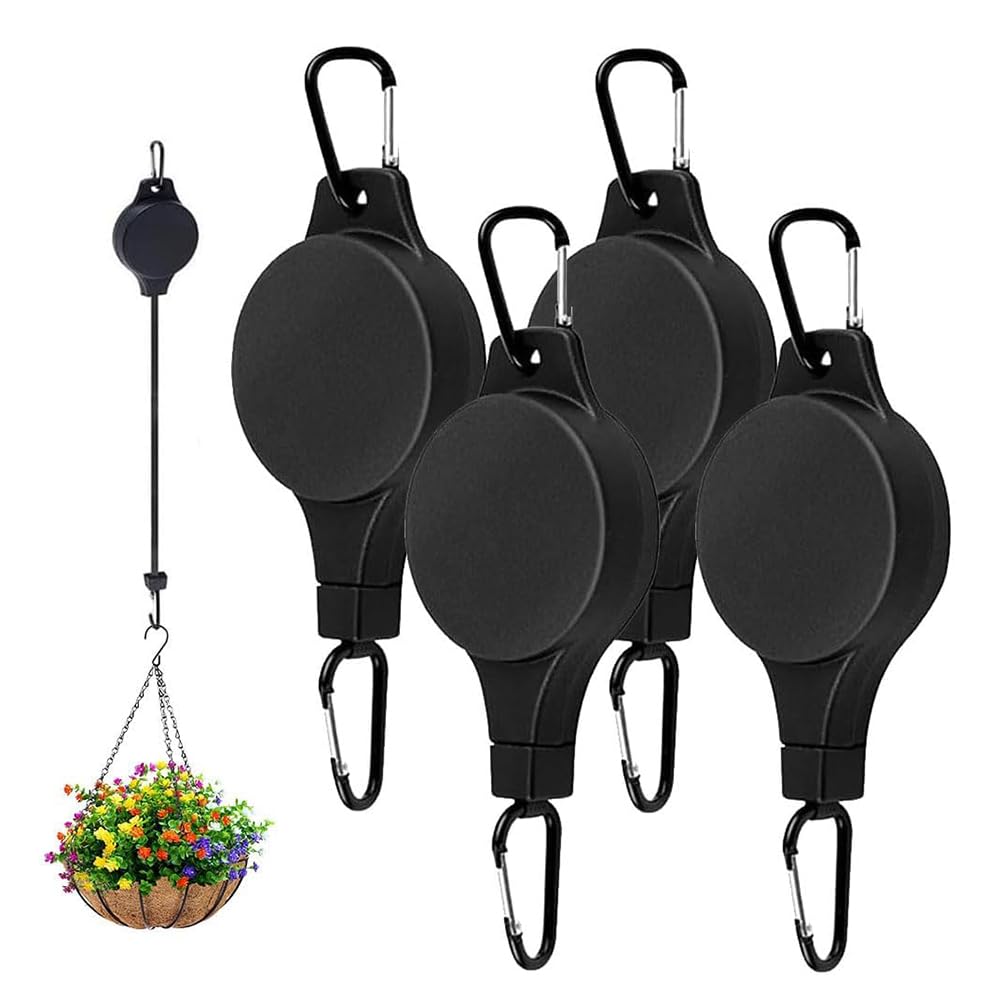 Kouamor 4Pcs Hanging Basket Pulley, Plant Hangers Outdoor, Adjustable Retractable Heavy Duty Plant Hanger Hook, Adjustable Pull Down Gravity Hook, For Hanging Plants Easy Watering & Maintenance (4Pcs)