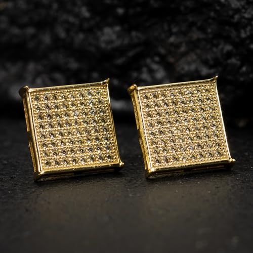 Large 14K Yellow Gold Plated 925 Sterling Silver Mens Canary Yellow 5A Cz Cubic Zirconia Hypoallergenic Big Square Flat Screen Iced Hip Hop Micro Pave Ice Out Stud 14mm Screw Back Earrings For Men3