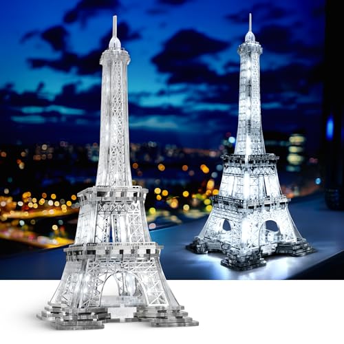 GalaSpark Puzzle 3D 13 Pouces en Acrylique et métal LED Tour Eiffel Modèle Kit Décoration de la Maison Landmark of Paris Ambiance Veilleuse pour Adultes et Enfants Cadeau 165 pièces (Argent)