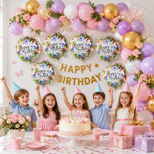 Image of Rozi Decoration Butterfly Theme Happy Birthday Foil Balloons Set of 6 Pcs, 18 Inch Round Printed for Theme Decor, Floral Butterfly Party Balloons for Girls Bday Party Supplies & Celebration Decor