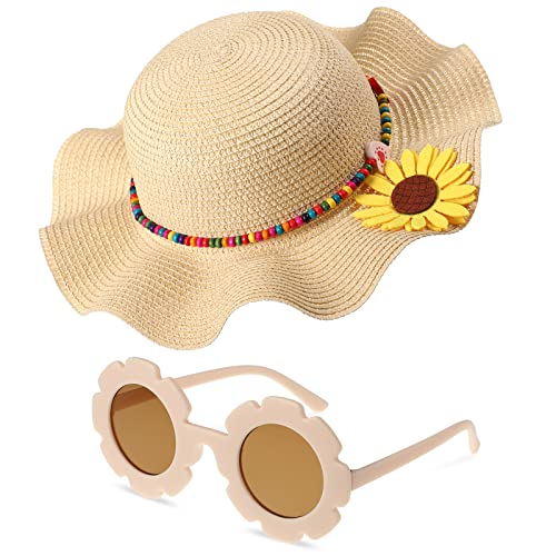 Jecery Summer Straw Hat for Girls Large Brim Sunflower Beach Hat Flower Cute Sun Cap with Flower Round Sunglasses
