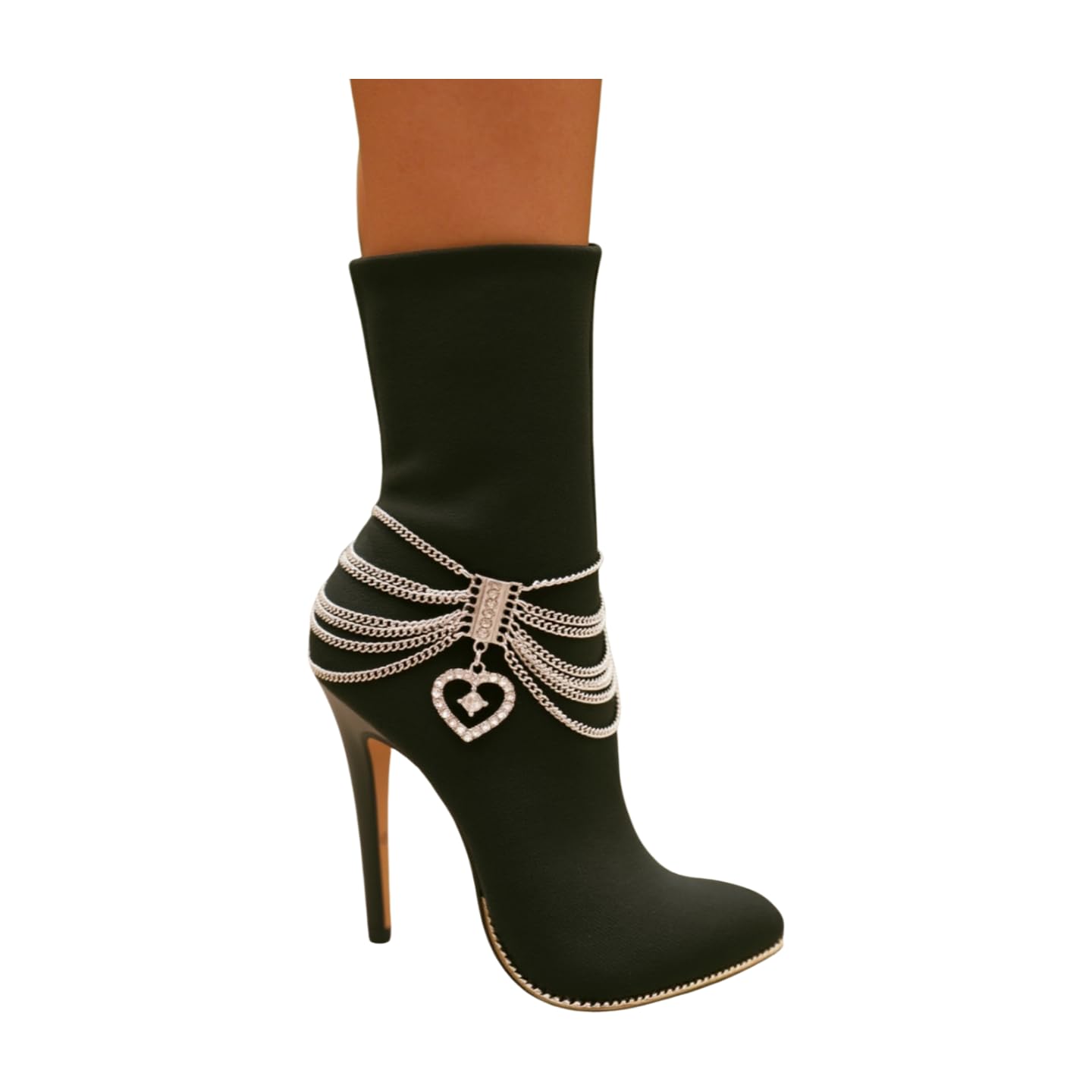 Women Silver Metal Boot Chain Bracelet Shoe Anklet Fashion Jewelry Accessory Love Heart 2 Pcs Pair