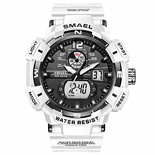 SMAEL Men's Military Watch Outdoor Sports Waterproof Digital White Watches Big Wrist with Alarm Date Multifunction LED Stopwatch