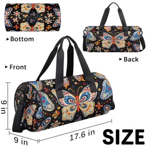 Colorful Butterfly Print Round Barrel Sports Fitness Bag, Travel Luggage Bag, Reusable Handbag, Suitable For Men and Women3