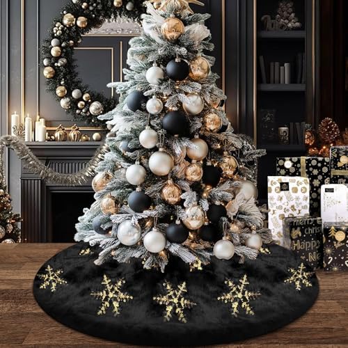 yuboo Black and Gold Tree Skirt 24 inches for Table Top Christmas Trees, Mini Fluffy Fur Christmas Tree Skirt Rug for 2-3 FT Trees Black Gold Christmas Decorations