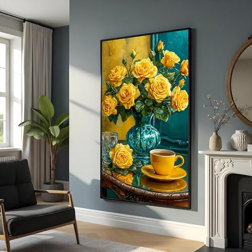 Tableau à l'huile d'art floral haut de gamme impression roses jaunes sur toile salon 30x50cm