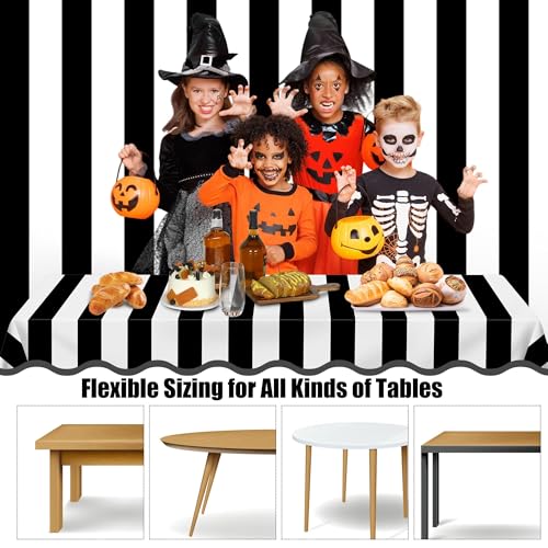 Image of Kochorie 100 Ft x 54 Inch Black & White Striped Tablecloth Roll with Cutter Box Disposable Halloween Plastic Tablecloth Cut to Size Table Cover Backdrop for Halloween Backdrop Stage Party Supplies
