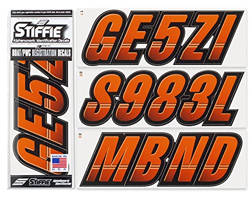 Image of STIFFIE Techtron Orange /Black 3 inch Boat & PWC Registration Decals • Numbers Letters Stickers