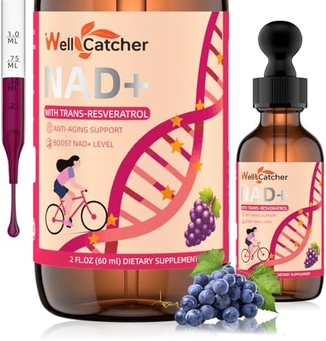 NAD+ Liquid Supplement for Women Men: NAD+ Resveratrol Drops with Grape Seed Extract CoQ10 Zinc Vitamin B2 Nicotinamide Riboside Support Energy Anti-Aging & Heart Health Grape Flavor 30 Servings
