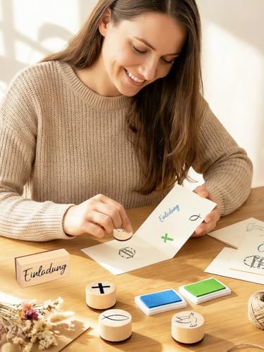 8-teiliges Stempelset für Einladung Taufe Kommunion Konfirmation & Firmung, 5 Holzstempel mit 3 Stempelkissen für Einladungskarten Scrapbooking & Geschenke zur Taufe Kommunion Konfirmation Firmung