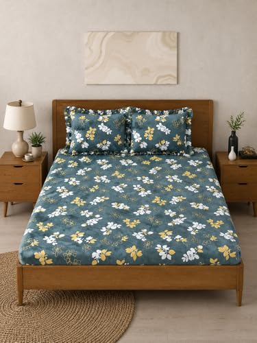 Image of King Size Fitted Bedsheet with 2 Pillow Covers (Greengrey, Queen Size-60x78)