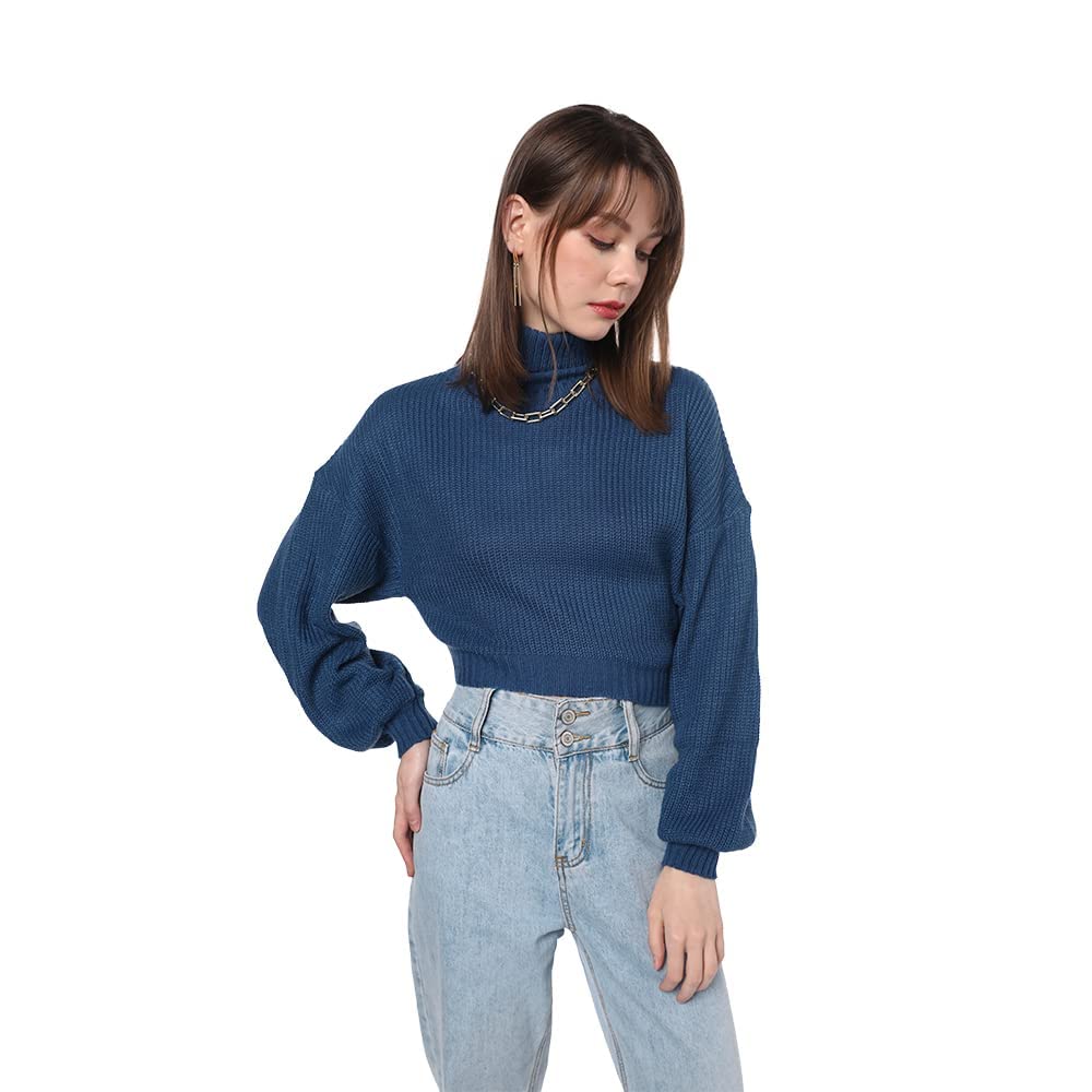 ZAFUL Women's Crew Neck Long Sleeve Pullover Crop Sweater Mock Neck Lantern Sleeve Ribbed Knit Cropped Sweater