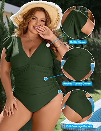 Blooming Jelly Women's Tummy Control Swimsuit One Piece Full Coverage Plus Size Bathing Suit Modest Long Torso Ruffle Swimwear (Army Green,3X-Large) #TOP2