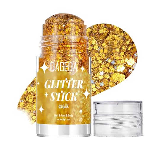 Prreal Gold Body Glitter Stick Sparkly Hair Face Glitter Makeup for Women Rave Outfit Accessories Holographic Mermaid Glitters Face Paint Stick for Women Halloween Makeup 1.12 oz #03