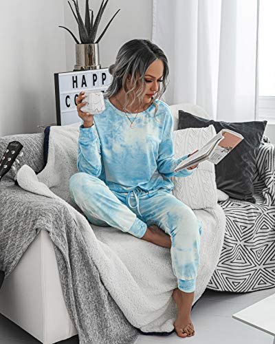Prettygarden Women's Tie Dye Two Piece Pajamas Set Casual Long Sleeve Sweatshirt With Long Pants Loungewear (Blue,Large) #TOP3