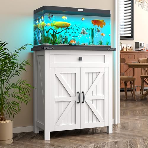 kepptory 20 Gallon Fish Tank Stand with Power Outlets, Farmhouse Decorative Aquarium Stand Furniture with Adjustable Shelves, 10-20 Gallon Reptile Turtle Tank Stand with Cabinet Storage (White, 20GL)