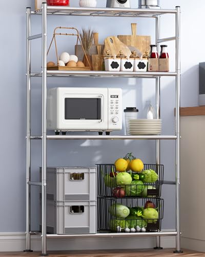 Storage Shelves - 4 Tier Shelf Organizer, Heavy Duty Garage Shelving Unit with Leveling Feet, Stable Metal Shelves Organizer for Pantry, Kitchen and Closet, 33.0" W x 12.6" D x 57.2" H, Silver