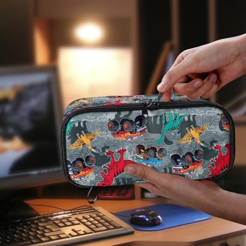 Image of Dinosaur Boys Pencil Pouch Truck Print Large Pencil Case for Kids 6-8 Years Portable Pen Bag with Double Zipper for Elementary Students