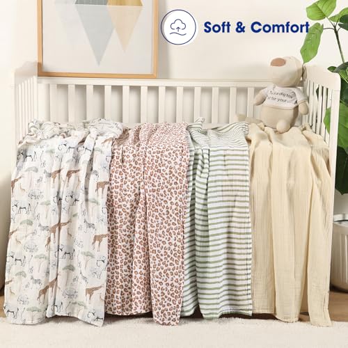 Image of david's kids 4 Pack Baby Muslin Swaddle Blankets, 100% Cotton and Ultra Soft Breathable Receiving Blanket Wrap for Boys Girls, New Born Essentials, Large 47 x 47 inches, Animals