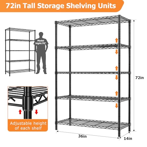 Image of ROOMTEC 5-Tier Wire Shelving Unit,36 inch W*14 inch D*72 inch H, Max Load 1750LBS