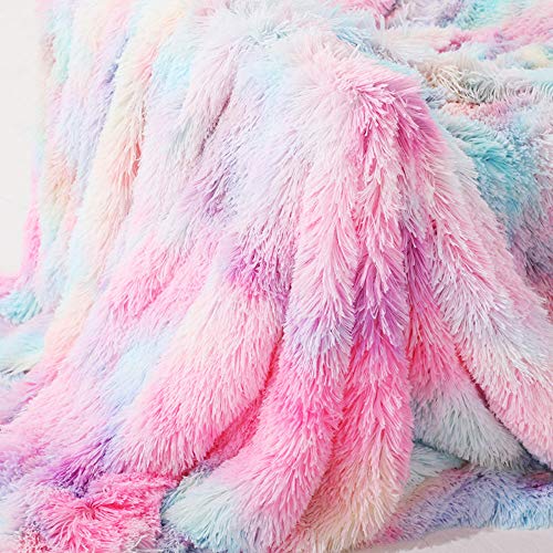 Amidoudou Super Soft Faux Fur Throw Blanket Plush Bedspread Blanket Tie-Dye Blanket For Beds Couch Sofa (Rainbow,51"X63") #TOP2