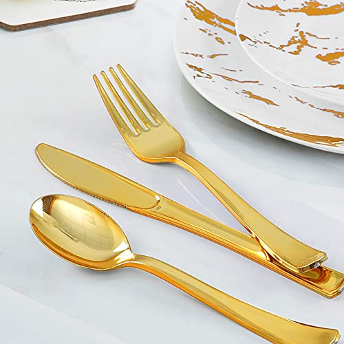 Bayzz 175Pcs Plastic Dinnerware Set, 50 White And Gold Plastic Plates With Marbling Design, 25 Gold Plastic Silverware, 25 Gold Cups, 25 Napkins, 25 Guest Disposable Dinnerware Set For Wedding, Party #TOP5