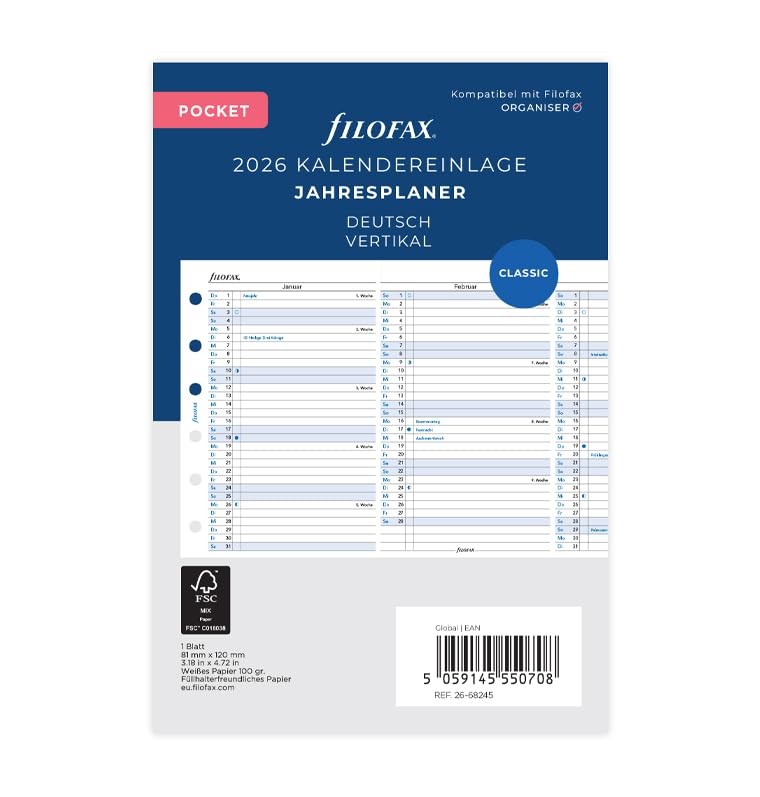 Filofax Kalender Pocket Jahresplaner vertikal (deutsch)2026