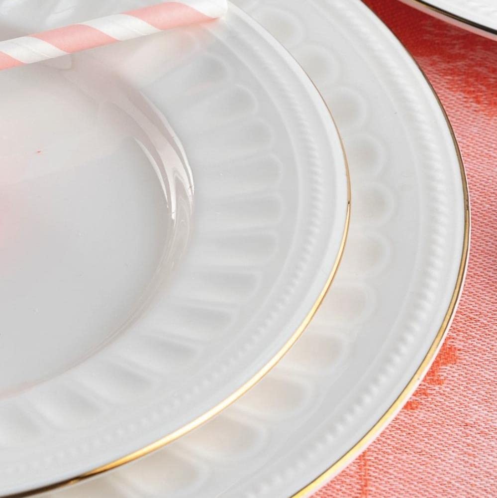 VILLA ITALIA Serwis obiadowy na 6 osób porcelanowy złota linia Zestaw naczyń, Zastawa stołowa, Talerz płytki, Talerz głęboki, Talerz deserowy, Salaterka, Misa, MESYNA GOLD ES686