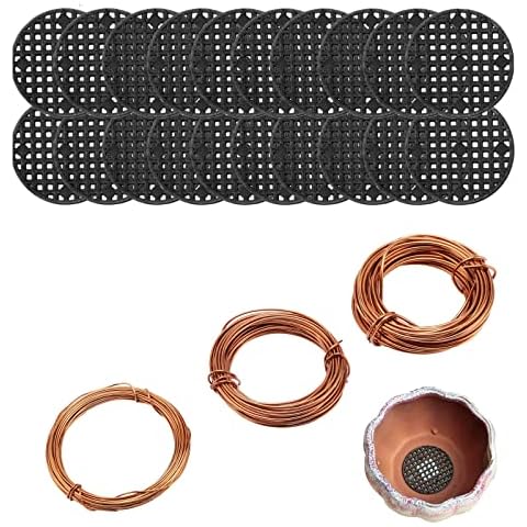 Xfaiz 20 PCS Round Bonsai Pot Bottom Grid Mat Mesh, Flower Pot Hole Mesh Pad for Bonsai Pot Mesh Drainage Screens Prevent Soil With 3 Roll Anodized Aluminum Wire Soft Cover