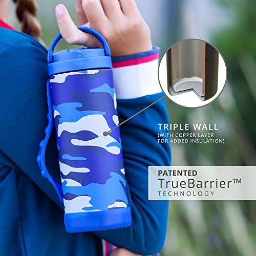 Elemental Iconic Pop Kids Water Bottle For School Girls And Boys | Triple Insulated Stainless Steel Thermos With Straw Lid & Fidget Handle | Flask Water Bottle | Bpa Free Tumbler, 14Oz - Blue Camo #TOP6
