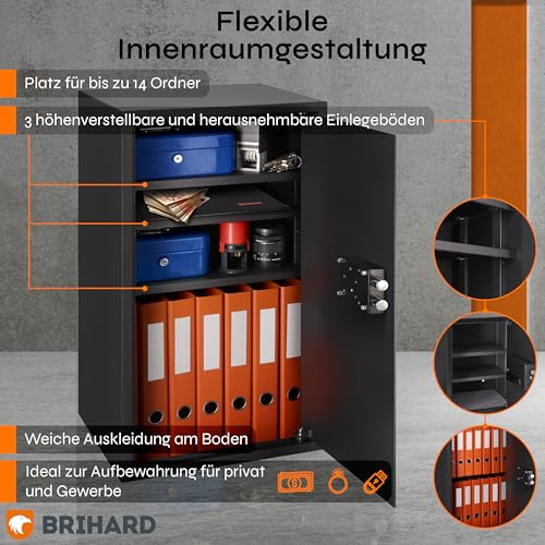 Brihard Business XXL Tresor mit Schlüssel 73x40x36cm & Feuerfeste Dokumententasche A4, 102L Großer Stahl Safe für Zuhause oder Büro mit 3 Höhenverstellbaren Ablagen, für Laptop, Geld & A4 Dokumente