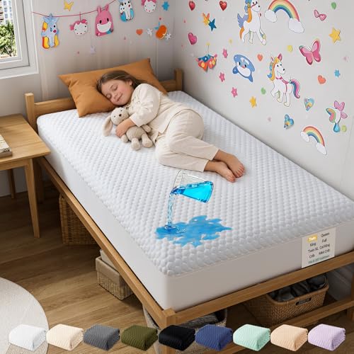 Image of OhGeni 100% Waterproof Twin Size Mattress Protector,Mattress Soft Pad,Pet Hair & Bedwetting Resistant,Cooling Breathable Fitted Sheets,Washable Bed Cover,Non-Slip Deep Pocket,Noiseless for Kids Rooms