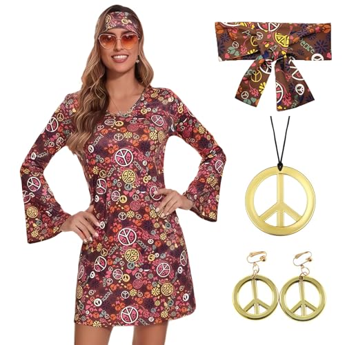 Ymoryiyi 70er & 60er Jahre Hippie Kleid Damen – Retro-Kostüm Set XXL mit Stirnband, Peace-Zeichen Schmuck (Halskette & Ohrringe) für Motto-Party,...