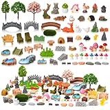 GGSTDDUP 65 Pcs Fairy Garden Accessories Mini Resin Animals Figures Miniature Table and Chairs Bridge Mushroom Pond Fence Moss Bonsai Landscape Ornaments Kit for Garden DIY Craft