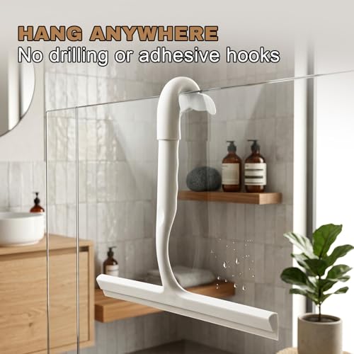 Image of Shower Squeegee for Glass Doors, 10-Inch Silicone, Fishtail Type Hook,White | One-piece Silicone, Fishtail Hook, Non-slip Grip and Quiet Glide for Shower Glass, Tile, Mirrors, Windows and Car Glass