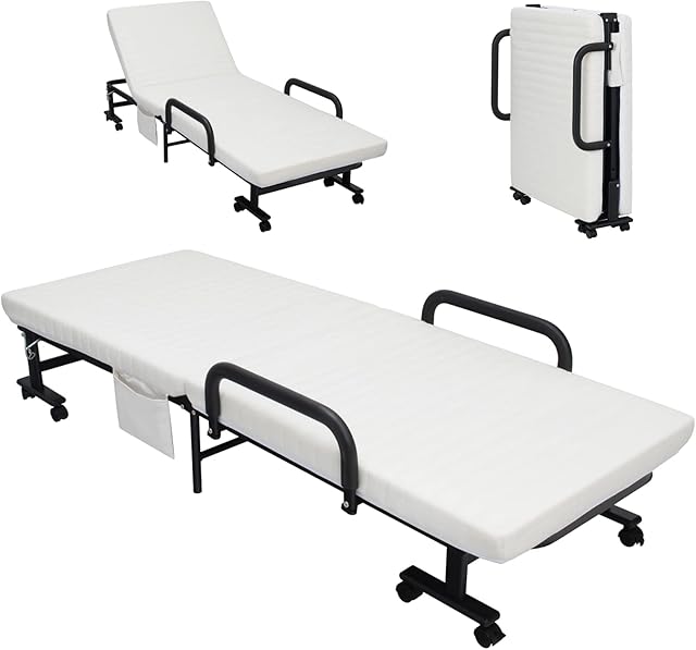 RELAX4LIFE Folding Guest Bed with 8cm Mattress, 6-Position Adjustable Backrest & Side Pocket, Metal Frame Portable Single Bed on Wheels, Mobile Recliner Sleeper Bed for Home Office Camp (White)